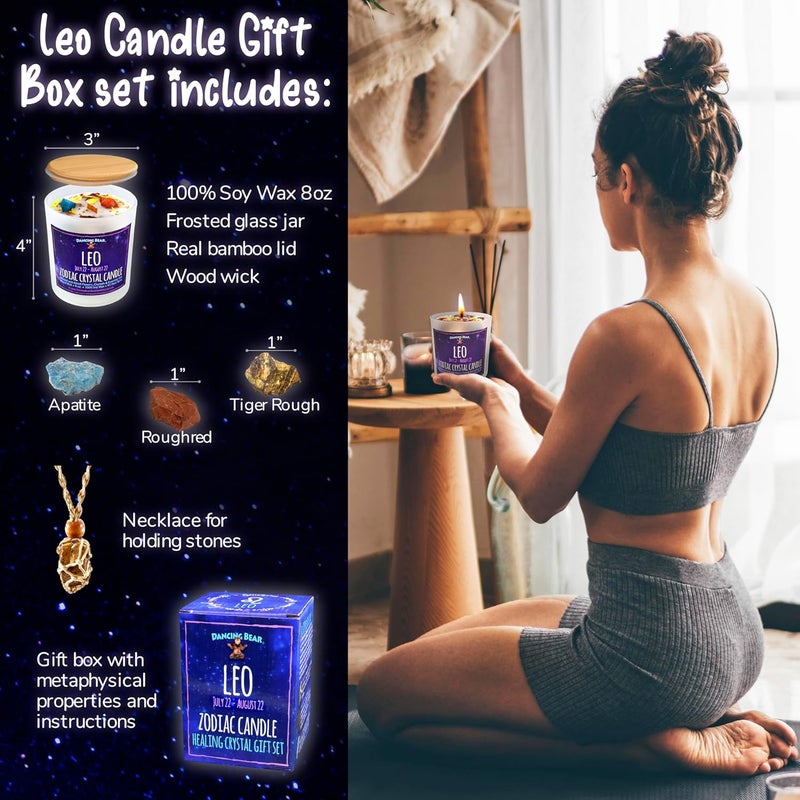 Dancing Bear Leo Zodiac Candle Gift Box Set with 3 Healing Crystals & Stone Holder Necklace, 100% Soy Scented Wax, Crackling Wood Wick, 45 Hour Burn Time - Image 2